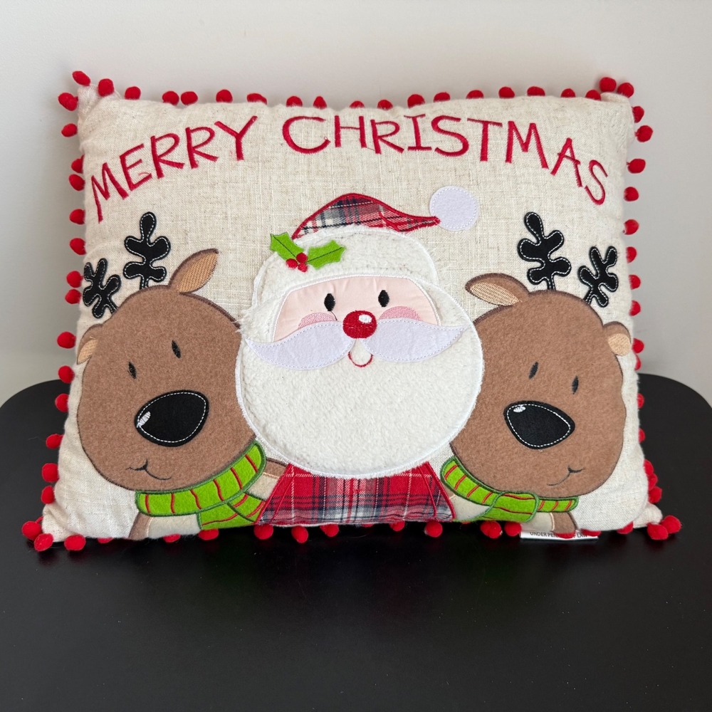 Lousi Christmas Decorative Pillow 16x14 Cream Santa Reindeer Pom Pom Trim